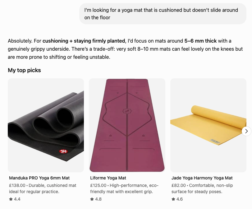 Product data powering a ChatGPT shopping carousel