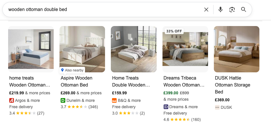 Product data displayed in Google's organic search results