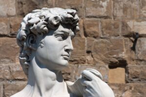 The marble copy of Michelangelo's David in the Piazza della Signoria, in Florence, Italy.