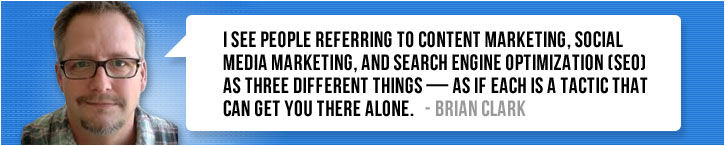 “I see people referring to content marketing, social media marketing, and search engine optimization (SEO) as three different things — as if each is a tactic that can get you there alone.” ~ Brian Clark