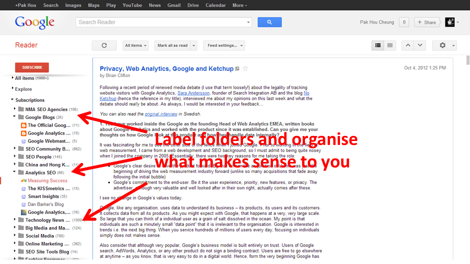 Google Reader - Example Screenshot of Folders