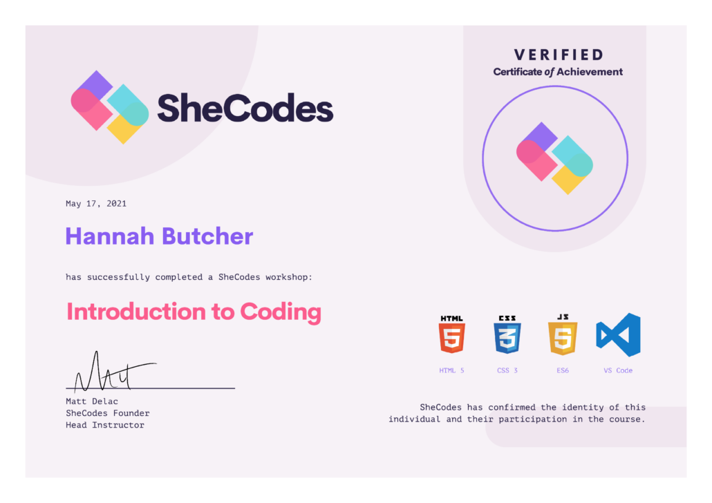 Hannah Butcher SheCodes certificate is shown
